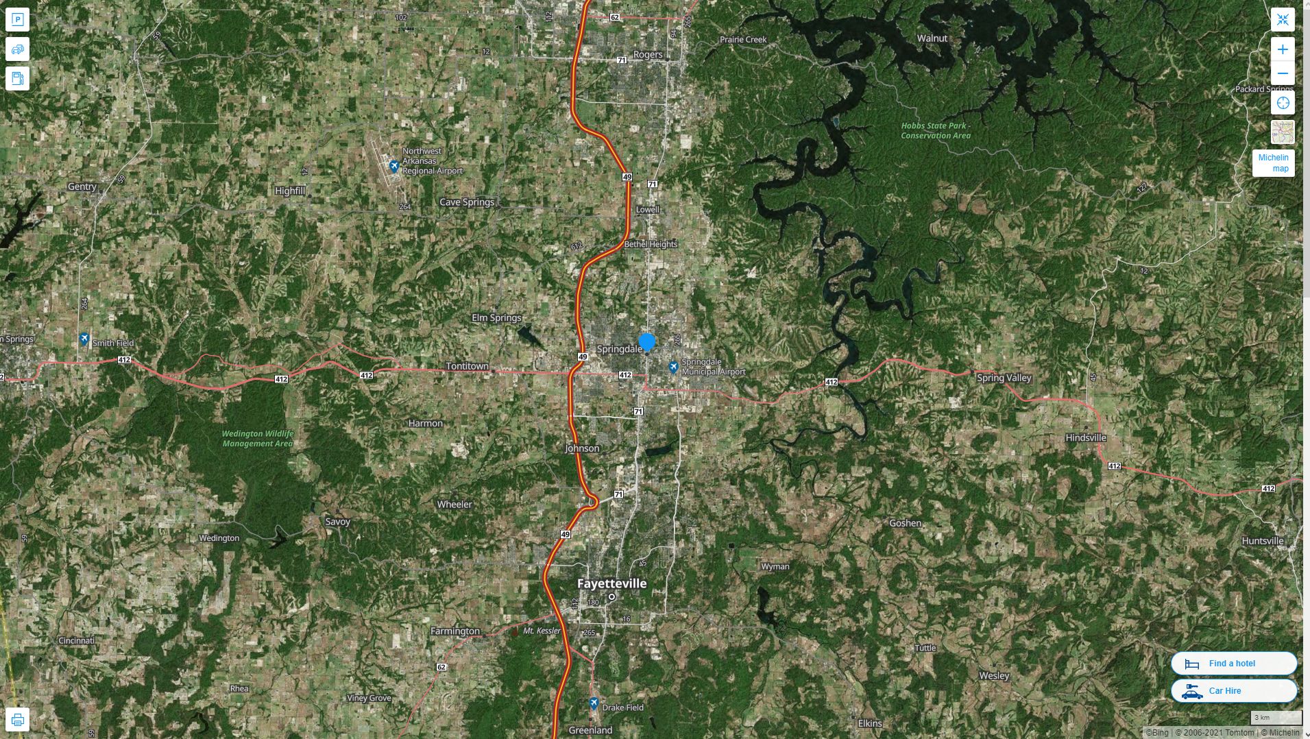 Springdale Arkansas Highway and Road Map with Satellite View